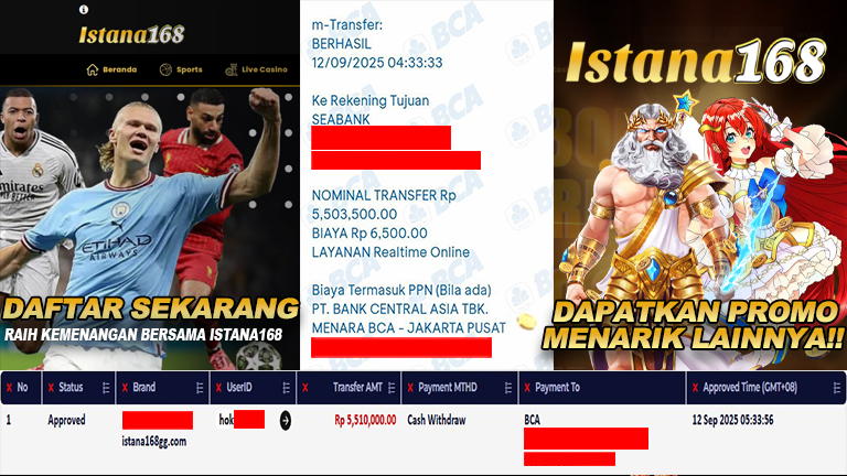 BUKTI KEMENANGAN WD MEMBER ISTANA168 IDR 5.510.000