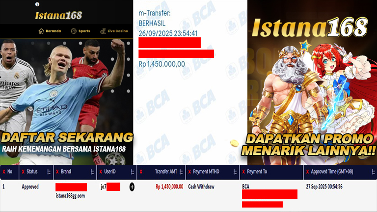 BUKTI KEMENANGAN WD MEMBER ISTANA168 IDR 1.450.000