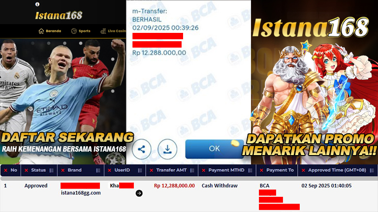 BUKTI KEMENANGAN WD MEMBER ISTANA168 IDR 12.288.000