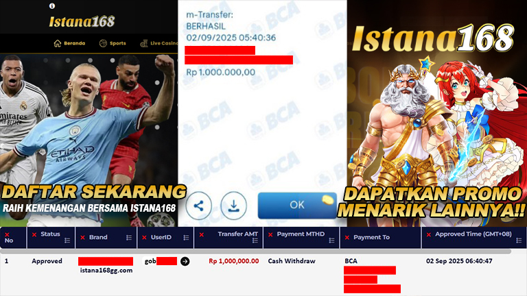 BUKTI KEMENANGAN WD MEMBER ISTANA168 IDR 1.000.000