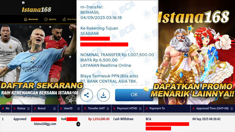 BUKTI KEMENANGAN WD MEMBER ISTANA168 IDR 1.014.000