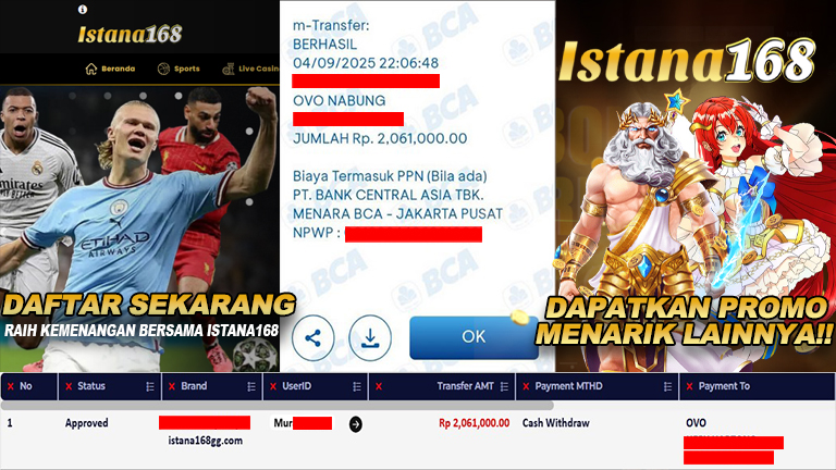 BUKTI KEMENANGAN WD MEMBER ISTANA168 IDR 2.061.000