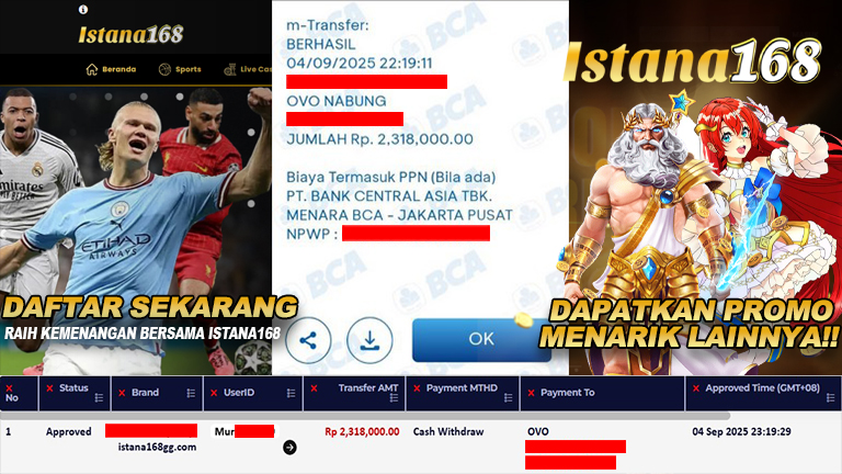 BUKTI KEMENANGAN WD MEMBER ISTANA168 IDR 2.318.000