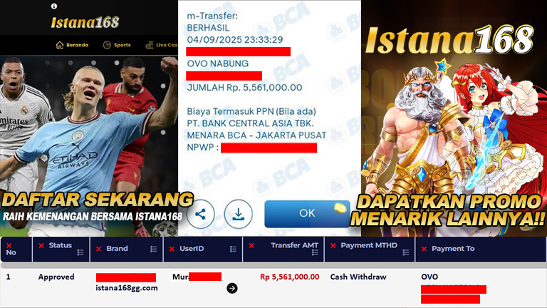 BUKTI KEMENANGAN WD MEMBER ISTANA168 IDR 5.561.000
