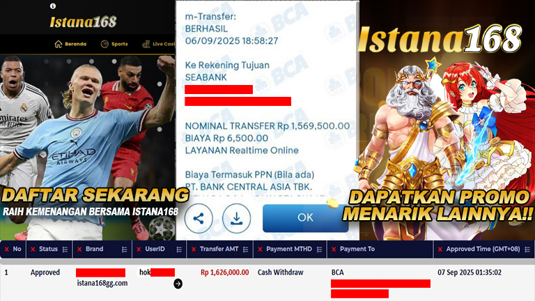 BUKTI KEMENANGAN WD MEMBER ISTANA168 IDR 1.626.000