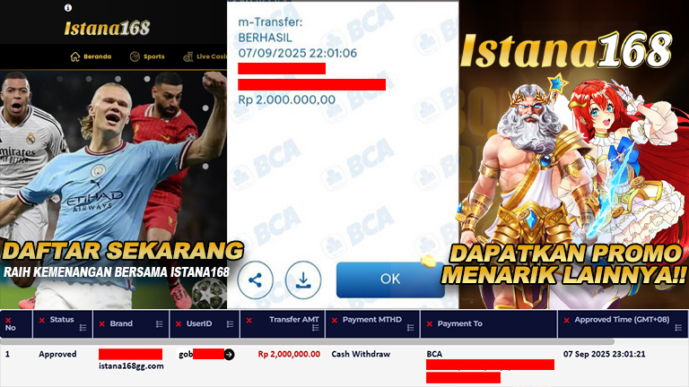 BUKTI KEMENANGAN WD MEMBER ISTANA168 IDR 2.000.000