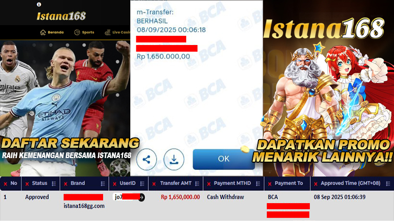 BUKTI KEMENANGAN WD MEMBER ISTANA168 IDR 1.650.000