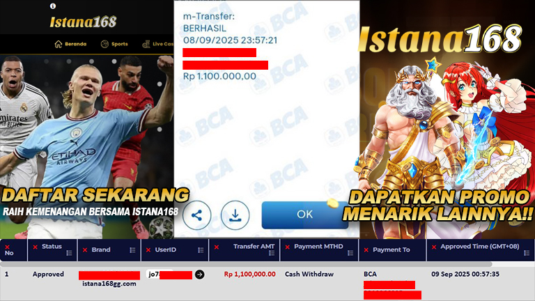 BUKTI KEMENANGAN WD MEMBER ISTANA168 IDR 1.100.000
