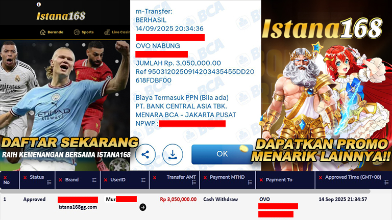 BUKTI KEMENANGAN WD MEMBER ISTANA168 IDR 3.050.000