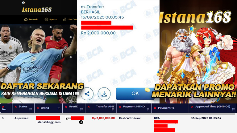 BUKTI KEMENANGAN WD MEMBER ISTANA168 IDR 2.000.000