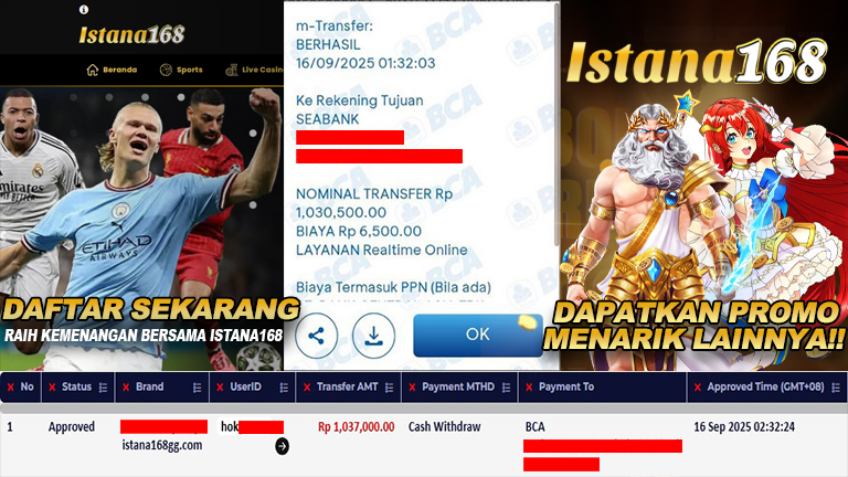 BUKTI KEMENANGAN WD MEMBER ISTANA168 IDR 1.037.000