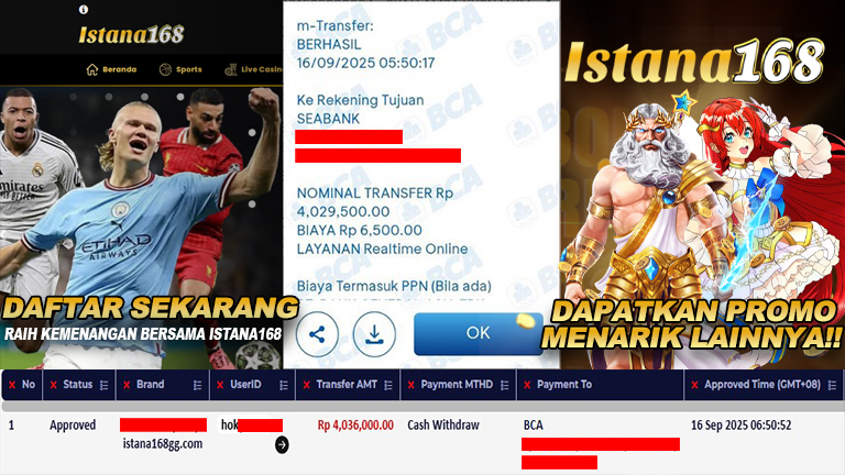 BUKTI KEMENANGAN WD MEMBER ISTANA168 IDR 4.036.000