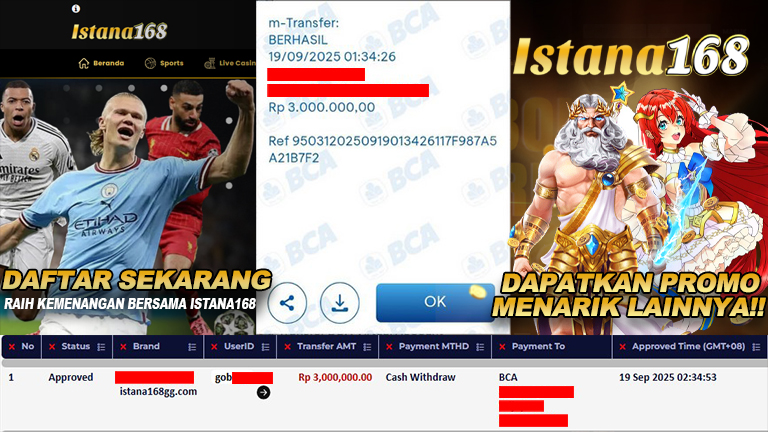 BUKTI KEMENANGAN WD MEMBER ISTANA168 IDR 3.000.000
