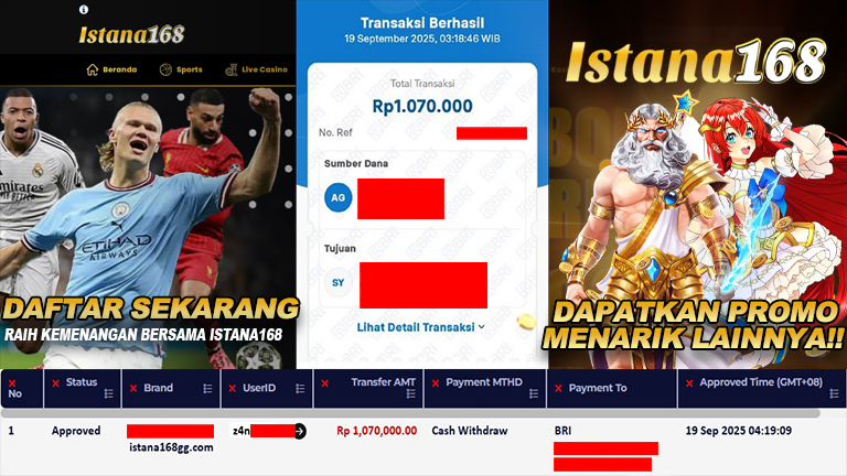BUKTI KEMENANGAN WD MEMBER ISTANA168 IDR 1.070.000