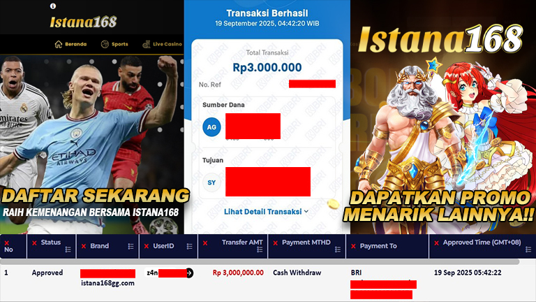 BUKTI KEMENANGAN WD MEMBER ISTANA168 IDR 3.000.000