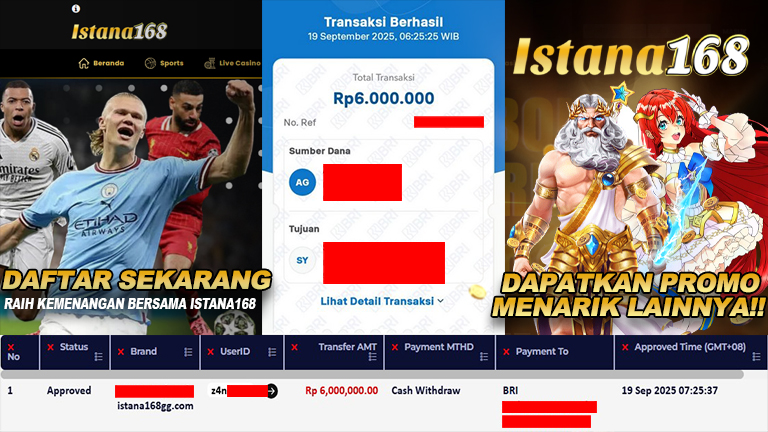 BUKTI KEMENANGAN WD MEMBER ISTANA168 IDR 6.000.000