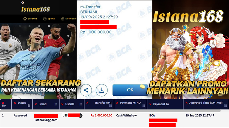 BUKTI KEMENANGAN WD MEMBER ISTANA168 IDR 1.000.000