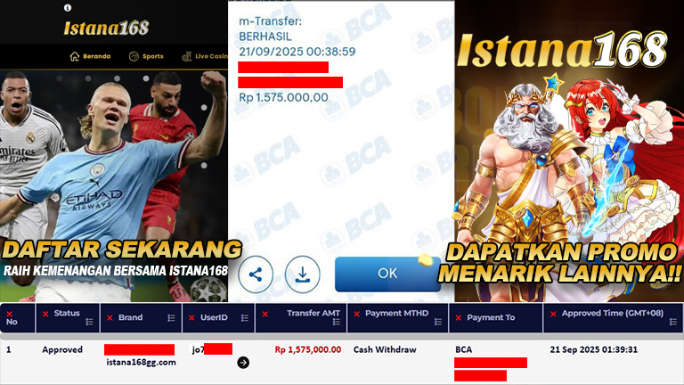 BUKTI KEMENANGAN WD MEMBER ISTANA168 IDR 1.575.000