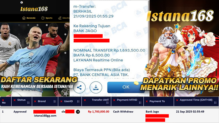 BUKTI KEMENANGAN WD MEMBER ISTANA168 IDR 1.700.000