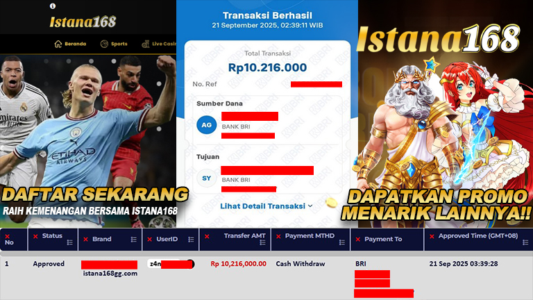 BUKTI KEMENANGAN WD MEMBER ISTANA168 IDR 10.216.000