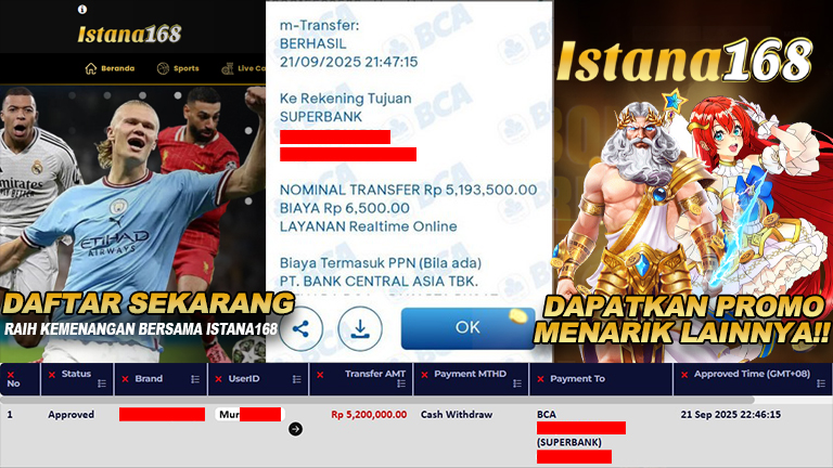 BUKTI KEMENANGAN WD MEMBER ISTANA168 IDR 5.200.000