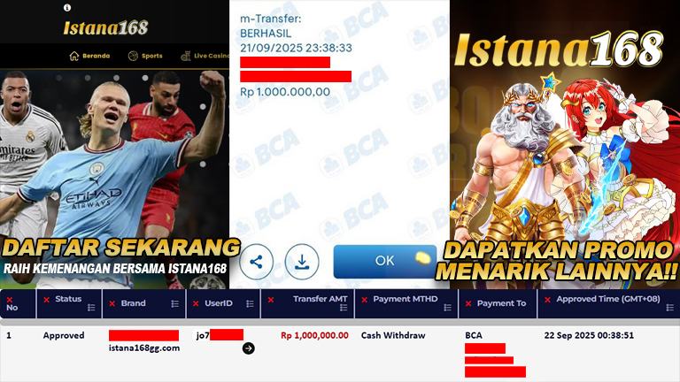 BUKTI KEMENANGAN WD MEMBER ISTANA168 IDR 1.000.000