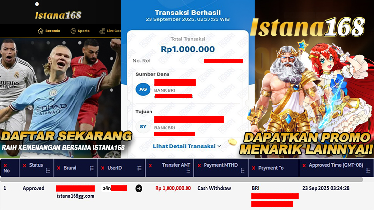 BUKTI KEMENANGAN WD MEMBER ISTANA168 IDR 1.000.000