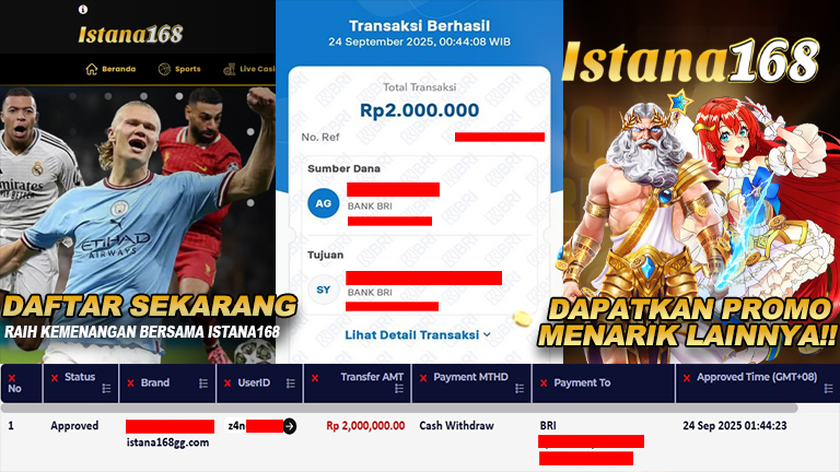 BUKTI KEMENANGAN WD MEMBER ISTANA168 IDR 2.000.000