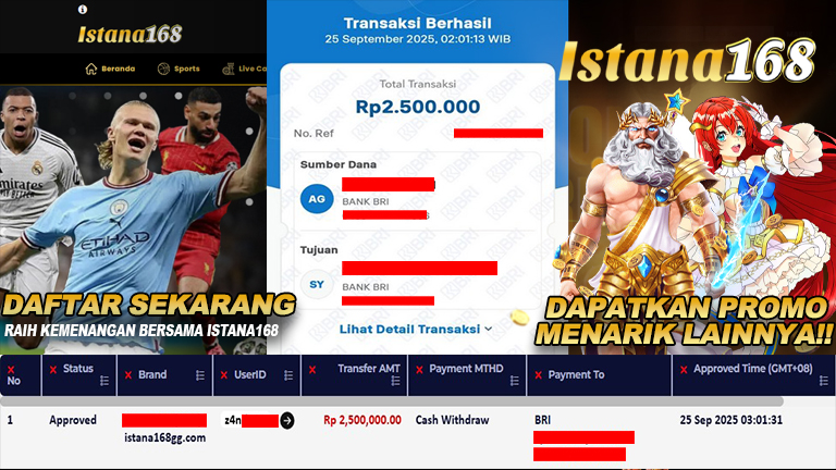 BUKTI KEMENANGAN WD MEMBER ISTANA168 IDR 2.500.000