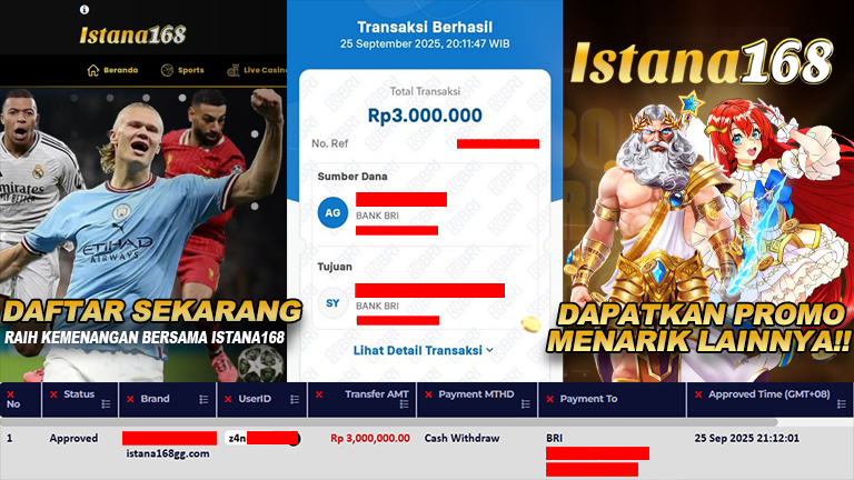 BUKTI KEMENANGAN WD MEMBER ISTANA168 IDR 3.000.000