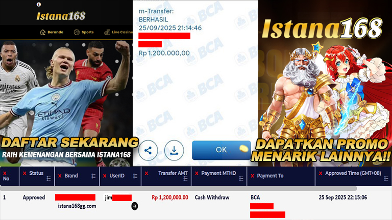 BUKTI KEMENANGAN WD MEMBER ISTANA168 IDR 1.200.000