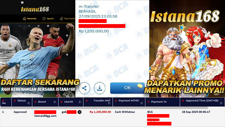 BUKTI KEMENANGAN WD MEMBER ISTANA168 IDR 1.200.000