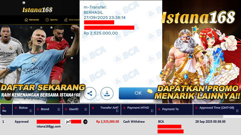 BUKTI KEMENANGAN WD MEMBER ISTANA168 IDR 2.525.000