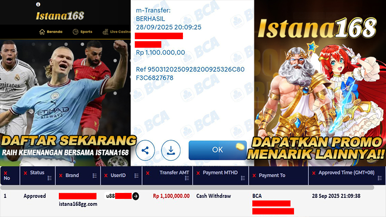 BUKTI KEMENANGAN WD MEMBER ISTANA168 IDR 1.100.000