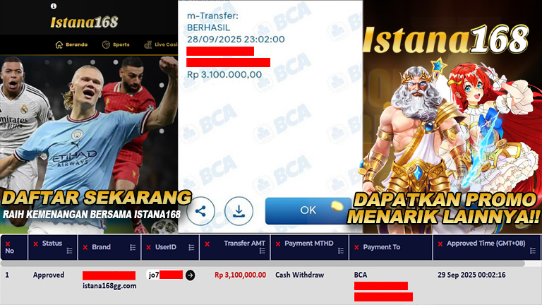 BUKTI KEMENANGAN WD MEMBER ISTANA168 IDR 3.100.000