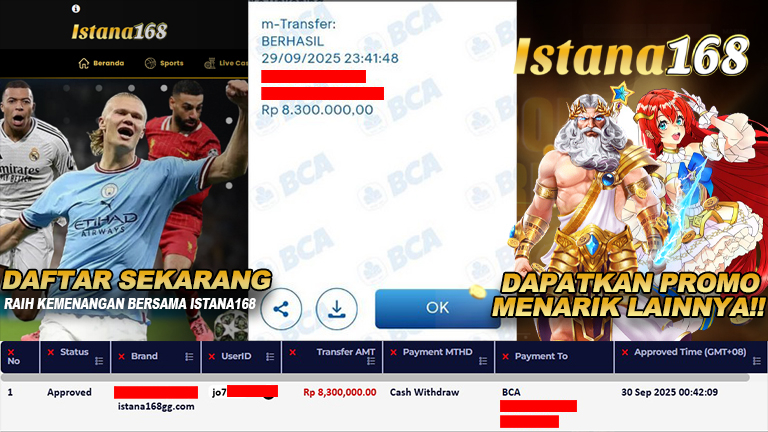 BUKTI KEMENANGAN WD MEMBER ISTANA168 IDR 8.300.000