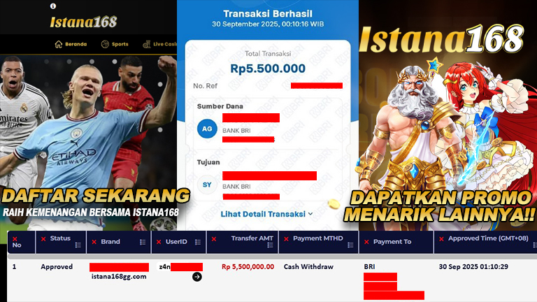 BUKTI KEMENANGAN WD MEMBER ISTANA168 IDR 5.500.000