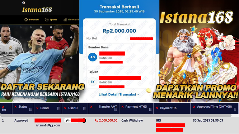 BUKTI KEMENANGAN WD MEMBER ISTANA168 IDR 2.000.000