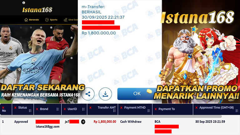 BUKTI KEMENANGAN WD MEMBER ISTANA168 IDR 1.800.000