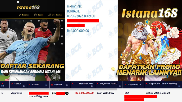 BUKTI KEMENANGAN WD MEMBER ISTANA168 IDR 1.000.000