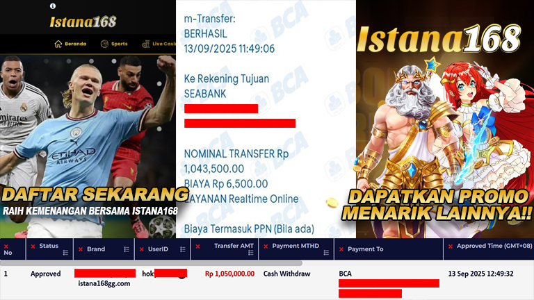 BUKTI KEMENANGAN WD MEMBER ISTANA168 IDR 1.050.000