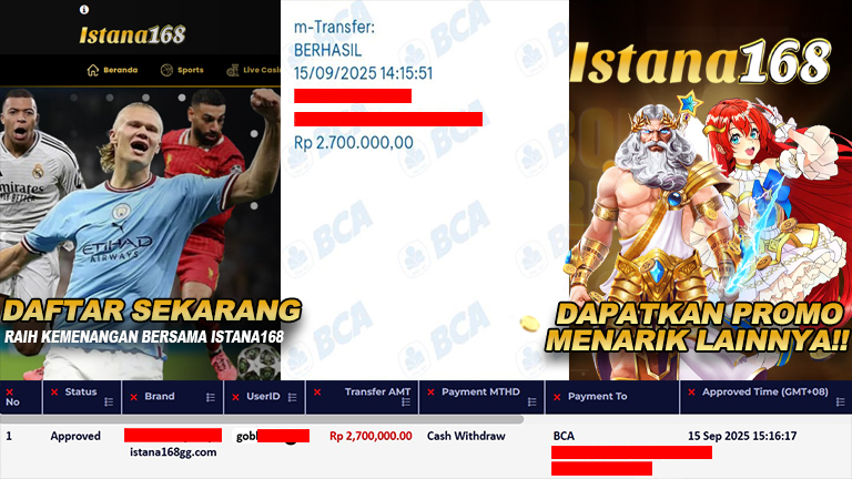 BUKTI KEMENANGAN WD MEMBER ISTANA168 IDR 2.700.000