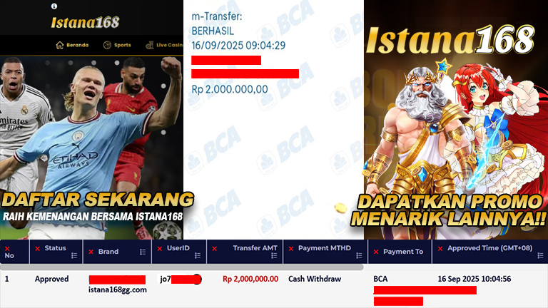 BUKTI KEMENANGAN WD MEMBER ISTANA168 IDR 2.000.000