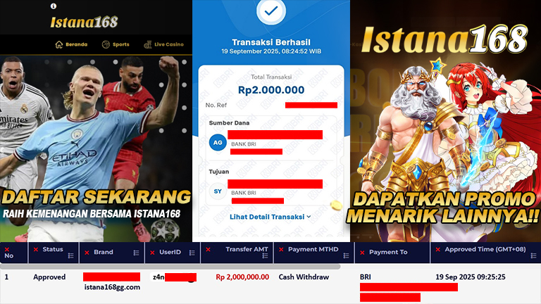 BUKTI KEMENANGAN WD MEMBER ISTANA168 IDR 2.000.000
