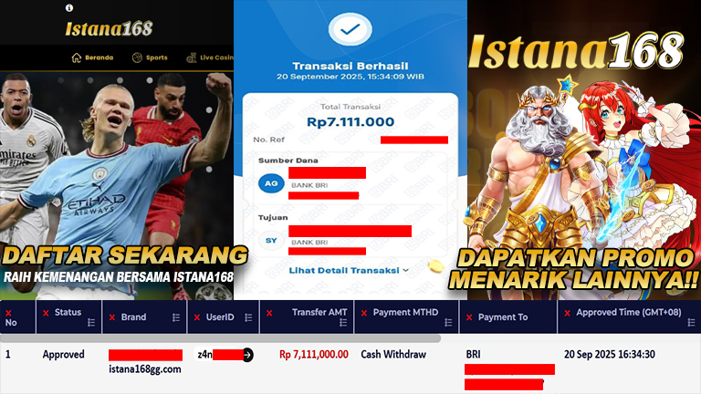 BUKTI KEMENANGAN WD MEMBER ISTANA168 IDR 7.111.000