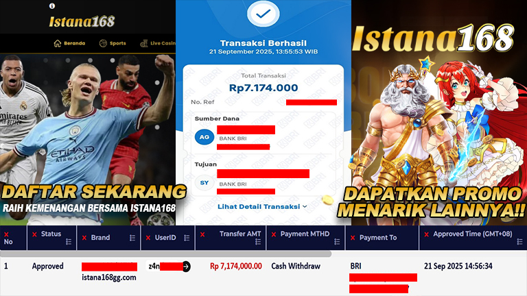 BUKTI KEMENANGAN WD MEMBER ISTANA168 IDR 7.174.000