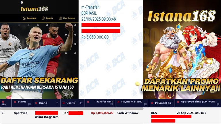 BUKTI KEMENANGAN WD MEMBER ISTANA168 IDR 3.050.000