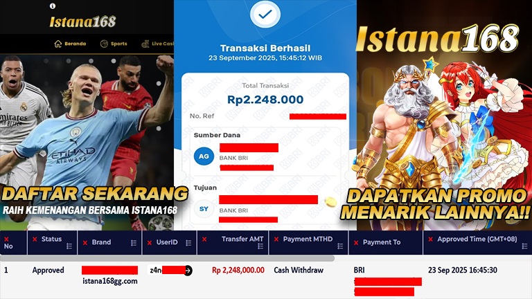 BUKTI KEMENANGAN WD MEMBER ISTANA168 IDR 2.248.000