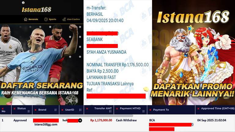 BUKTI KEMENANGAN WD MEMBER ISTANA168 IDR 1.179.000