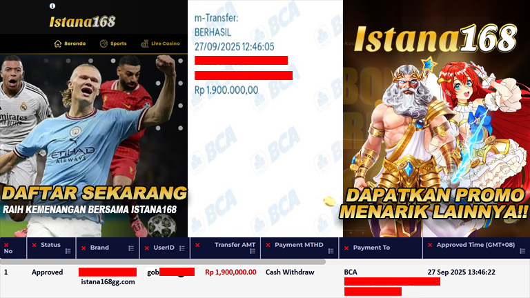 BUKTI KEMENANGAN WD MEMBER ISTANA168 IDR 1.900.000